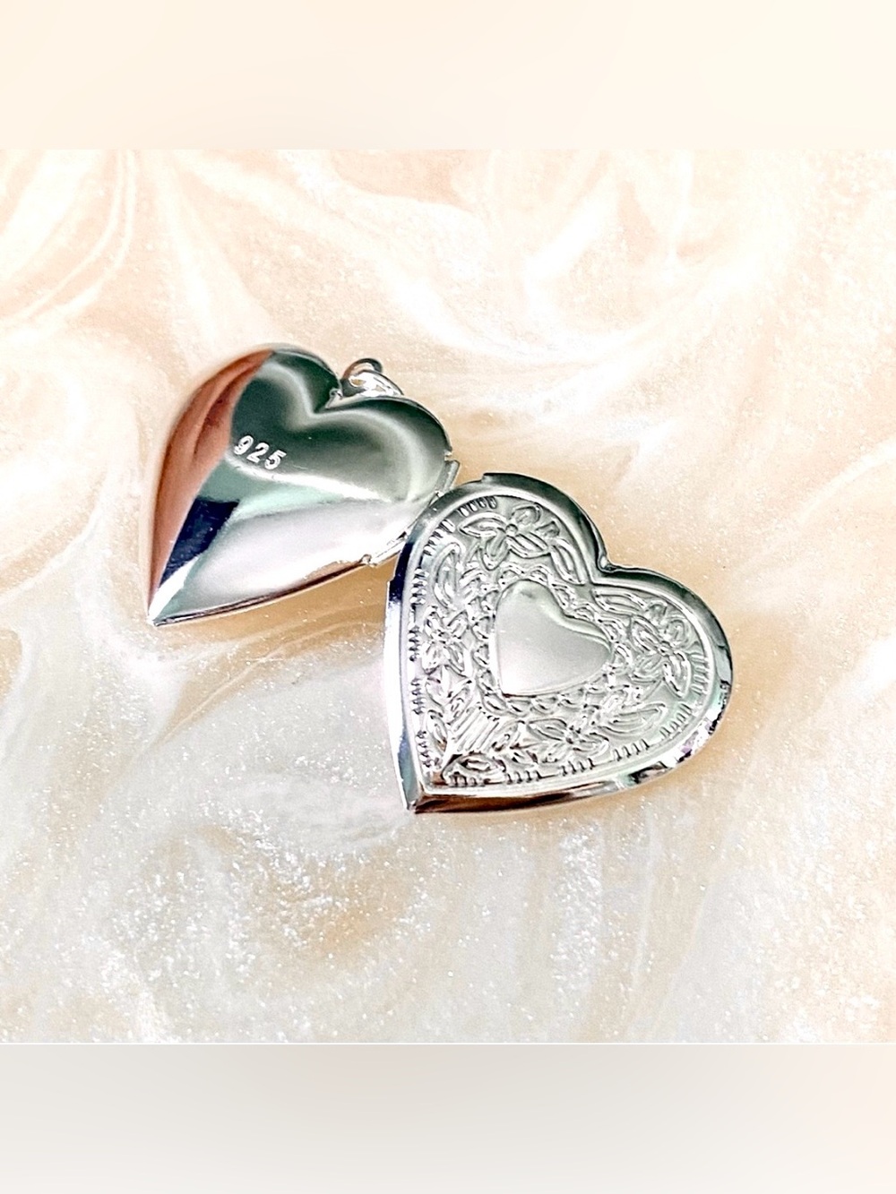 Silver Heart Locket Pendant Necklace - Floral Design around